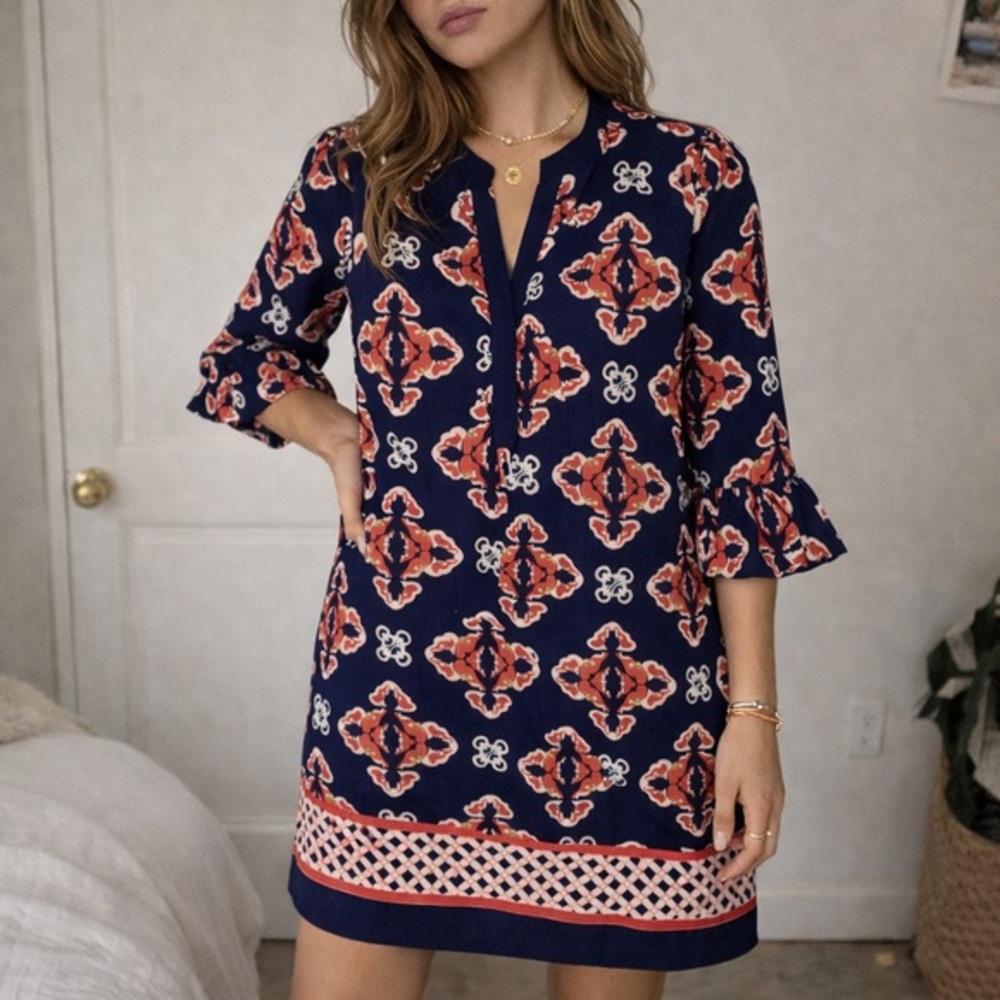 crown & ivy Navy Floral Medallion Mini Dress with Coral Accents